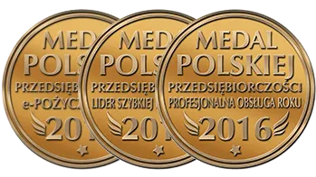 logo medal polskiej przedsiębiorczości - trzy złote monety ułożone obok siebie